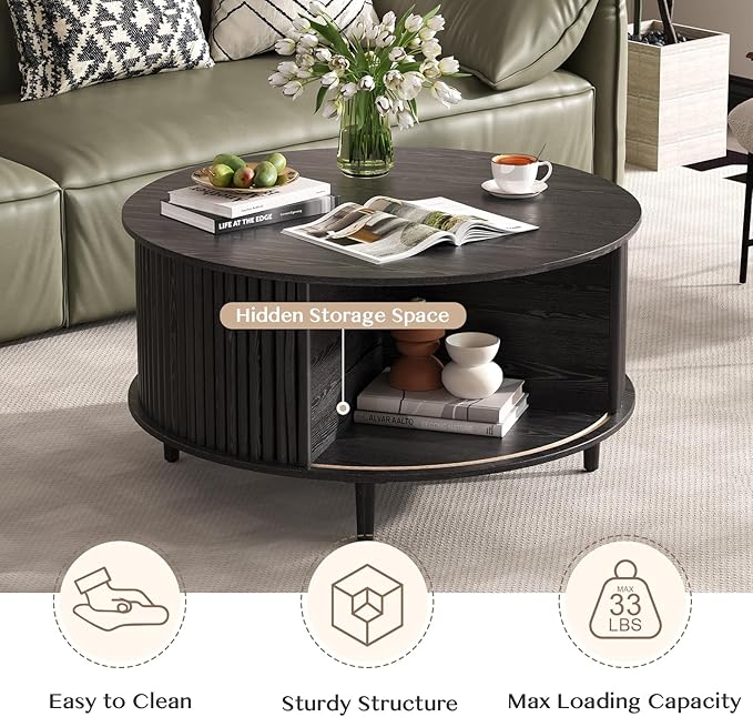 SULIVES Black Round Coffee Table