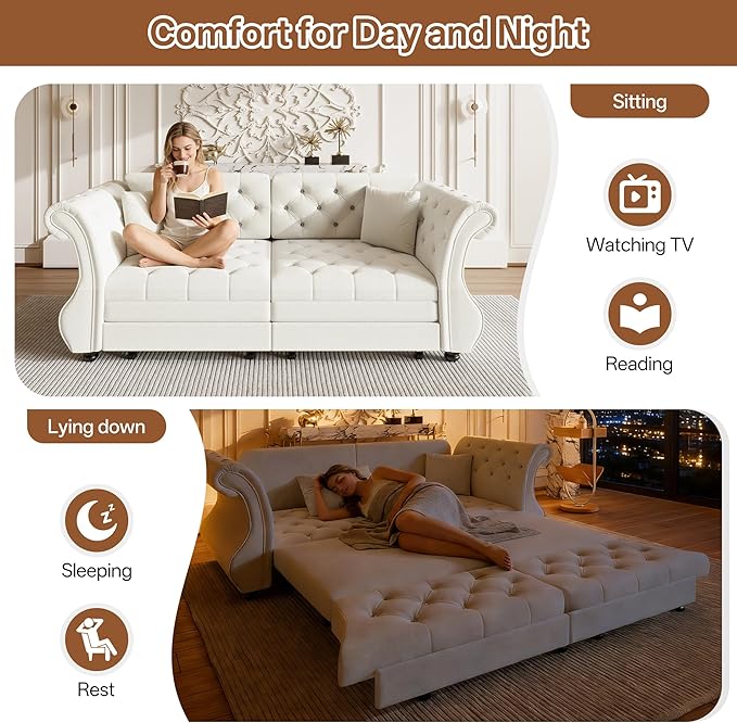 83.8" Oversized Pull Out Sofa Bed, Chesterfield Velvet Sleeper Sofa Couch