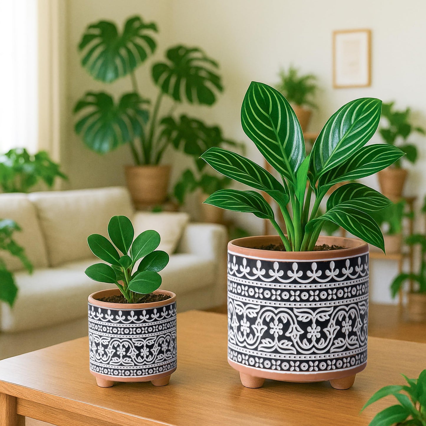 D'vine Dev Set of 2 Terracotta Planter Pots, 4 Inch & 6 Inch, Design Plants Pot with Drainage Hole, Midnight Lace, Terracotta/Black, 31-953-F-2