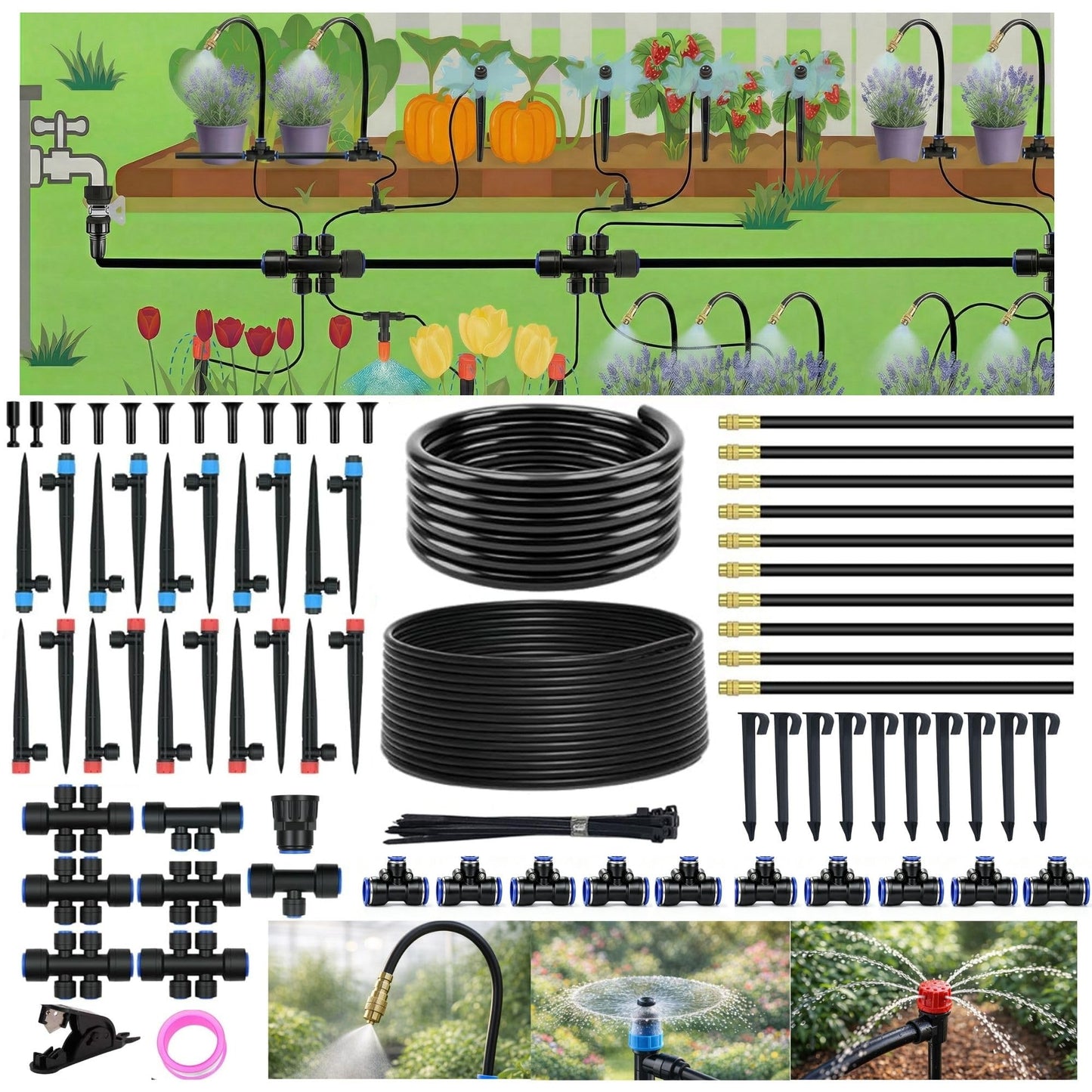 240FT Drip Irrigation System for Garden: 1/2" Quick Connect PE Tubing Automatic Water Sprinkler Kit Adjustable Misting Part 1/4" Watering Hose for Outdoor Raised Bed Plants Flower Yard Greenhouse