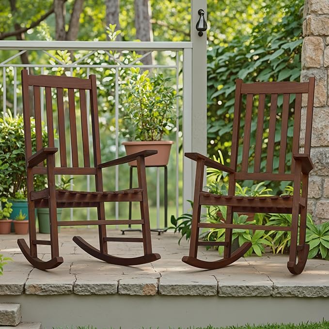 Flamaker Acacia Wood Patio Rocking Chair Set of 2, High Back and Widen Armrest