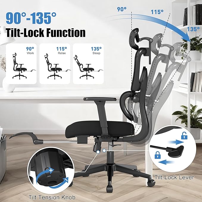 Ergonomic Office Chair with Footrest – Adjustable Lumbar Support, 3D Armrests &