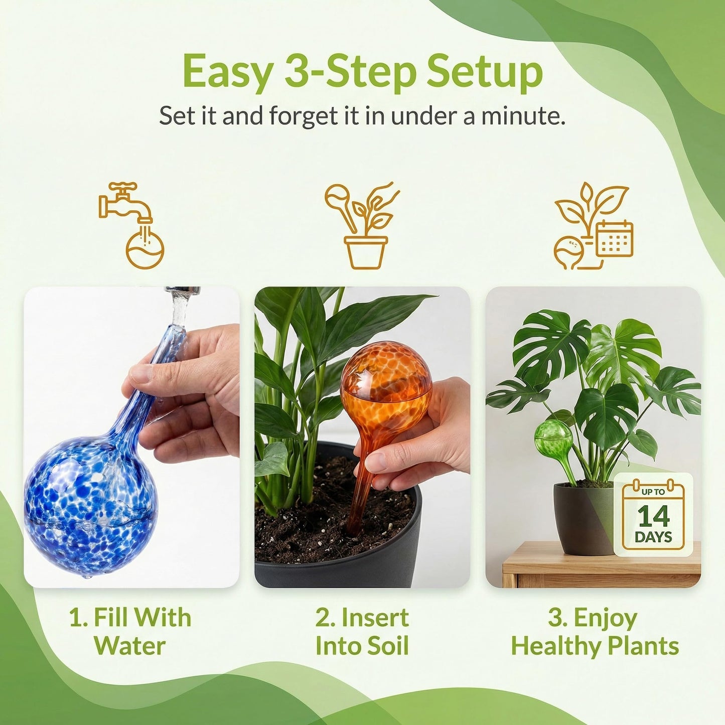 Little Green Leaf Automatic Plant Watering Globes Self Watering Planter Inserts (Set of 6) | Hands Free Multicolor Glass Bulbs | Planter Spikes to Support Indoor & Outdoor Plant Health (350ml)