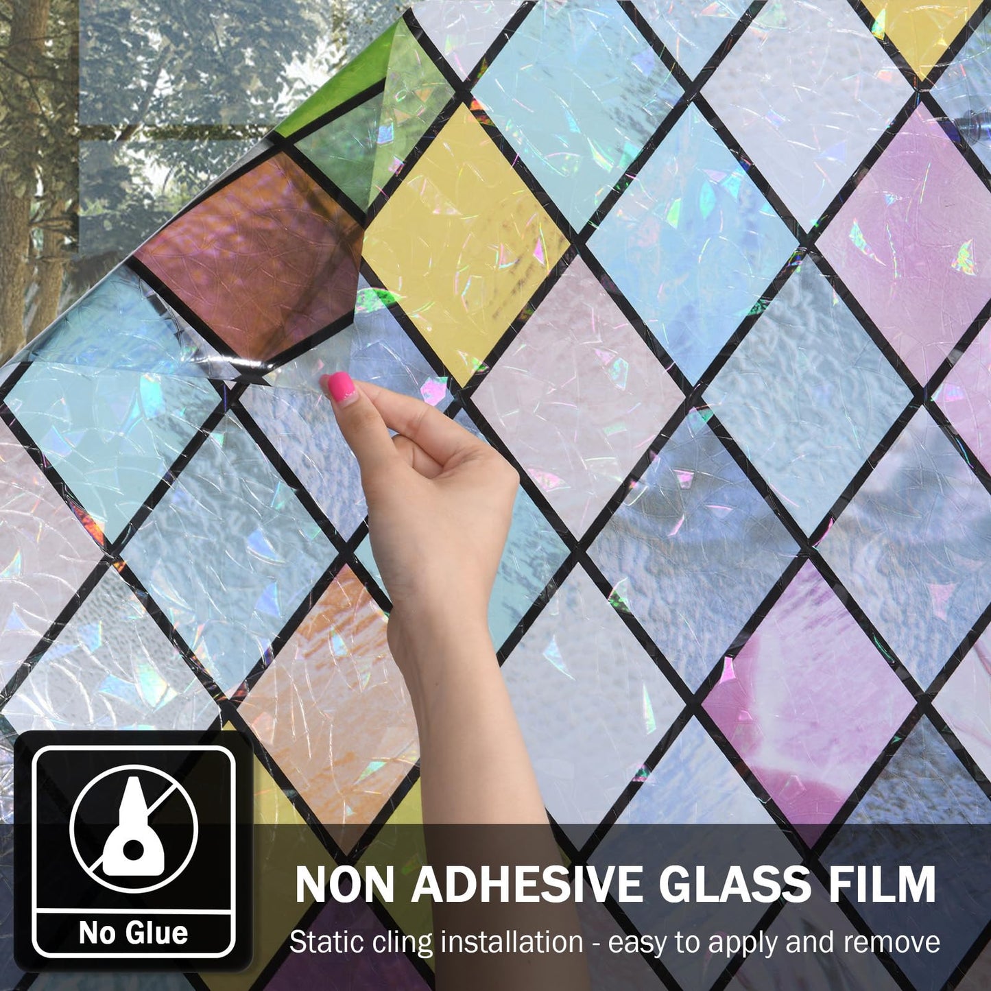 FEOMOS Stained Glass Window Film, Window Privacy Films, Colorful Lattice Window Tint, Rainbow Glass Decals Stickers for Home Anti UV 17.3x118 inches