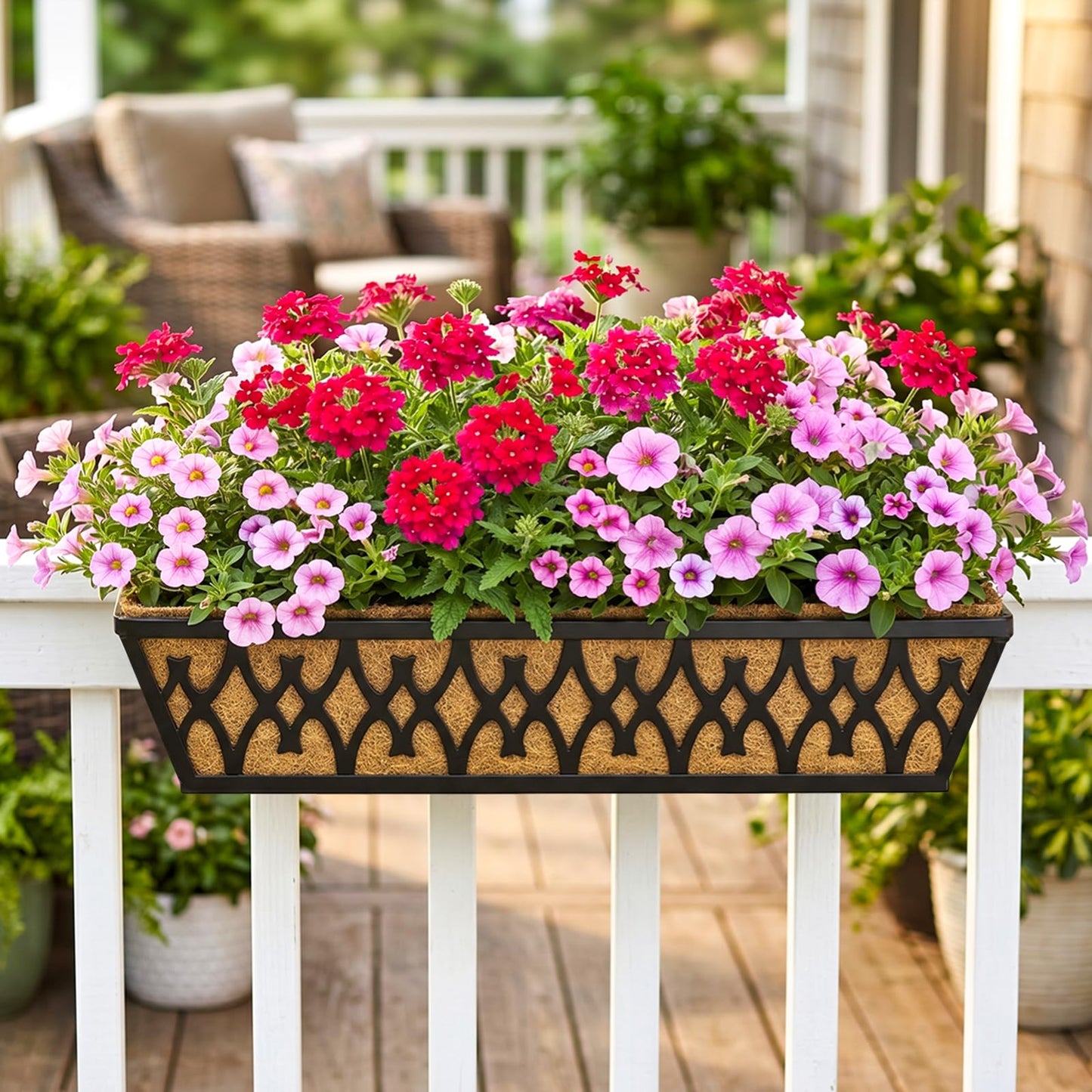 Karlliu 2 Pack 24 Inch Window Boxes Planters Railing Planter Box with Adjustable Brackets for Porch Fence Patio Balcony Hanging Flower Baskets with Coco Liners for Outdoor Garden Décor - Black