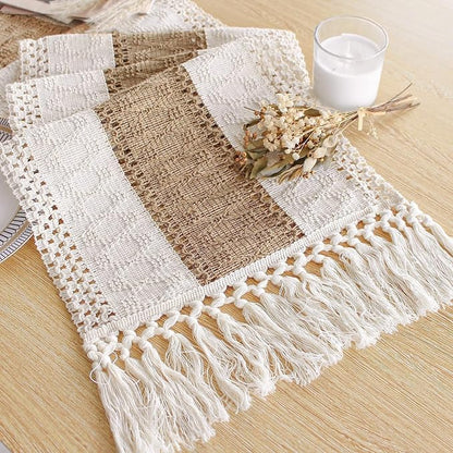 FEXIA Boho Table Runner for Summer Home Coffee Decor with Tassels 36 Inches Long Farmhouse Rustic Table Cloth Cream & Brown Macrame for Kitchen Dining Bedroom Decor Bridal Shower (12x36Inches)