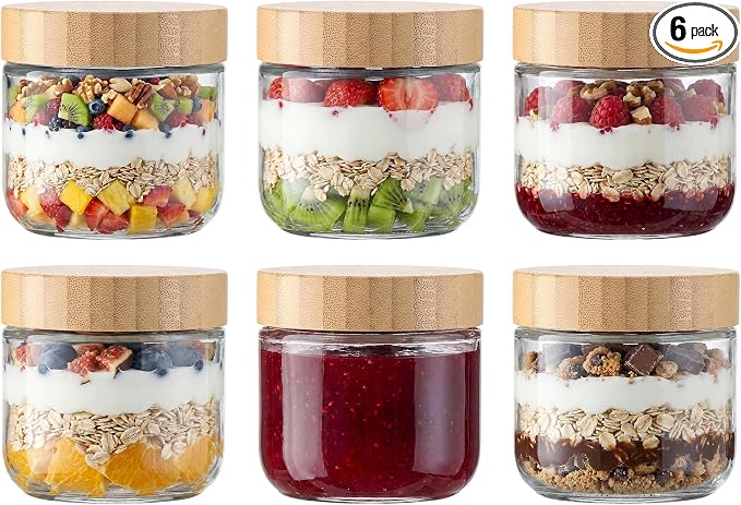 Vtopmart 6 Pack 10oz Glass Overnight Oats Containers with Bamboo Lids, Portable Wide Mouth Glass Jars Leak Proof, Reusable Food Storage Containers for Meal Prep, Jam, Sauce, Salad Dressing, and Snacks