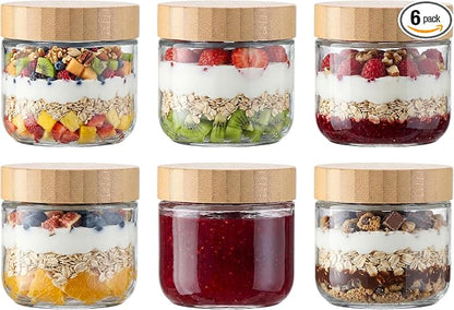 Vtopmart 6 Pack 10oz Glass Overnight Oats Containers with Bamboo Lids, Portable Wide Mouth Glass Jars Leak Proof, Reusable Food Storage Containers for Meal Prep, Jam, Sauce, Salad Dressing, and Snacks