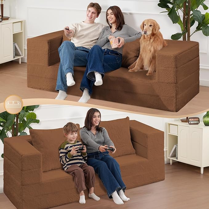 Folding Bean Bag Chair for Adults, 3-in-1 Bean Bag Couch Faux Fur Floor Sofa