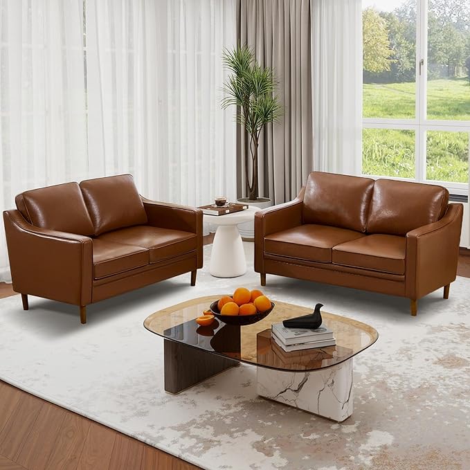 Kingfun 56" Faux Leather Sofa, Loveseat Couch, Mid Century Modern Love Seat
