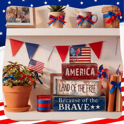 CroBlissful 4 Pcs 4th of July Decorations Patriotic Memorial Day Tabletop Decoration Red White Blue Table Centerpieces 250th Anniversary Wooden Fourth of July Sign for Office Tiered Tray Home Shelf