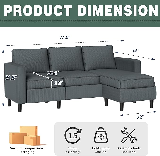 SUNLEI Small L-Shaped Sectional Couch, Modern Grey Couch