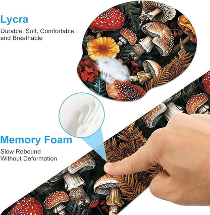 Keyboard Wrist Rest and Mouse Wrist Rest Pad with Cup Coaster,Made of Memory Foam,Ergonomic Support,Easy-Typing and Pain Relief,for Gaming Office Home Computer,Cute Forest Mushroom