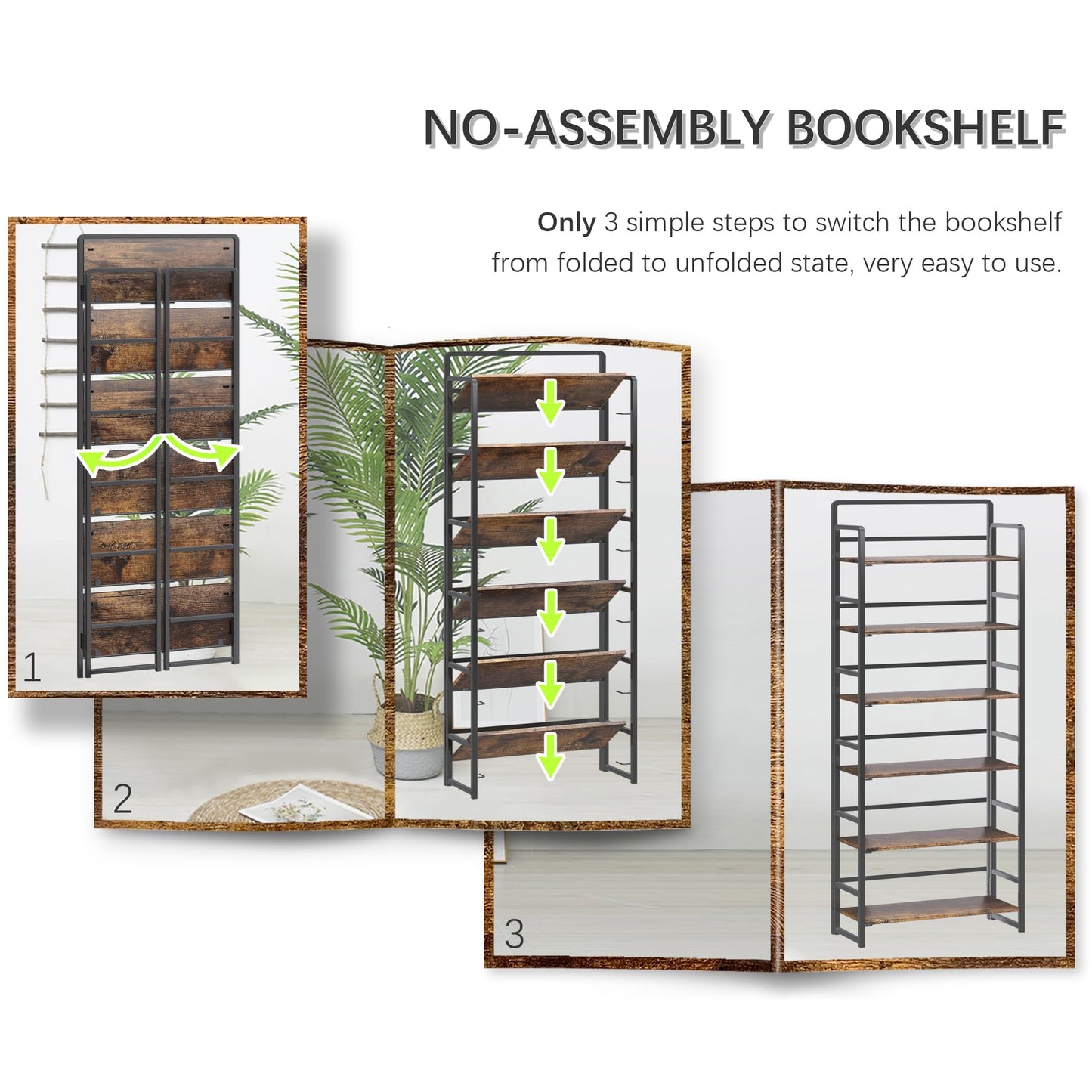 4NM No Assembly 6 Tiers Folding Bookshelf Storage Shelves Vintage Bookcase Standing Racks Study Organizer Home Office (Rustic Brown Black)