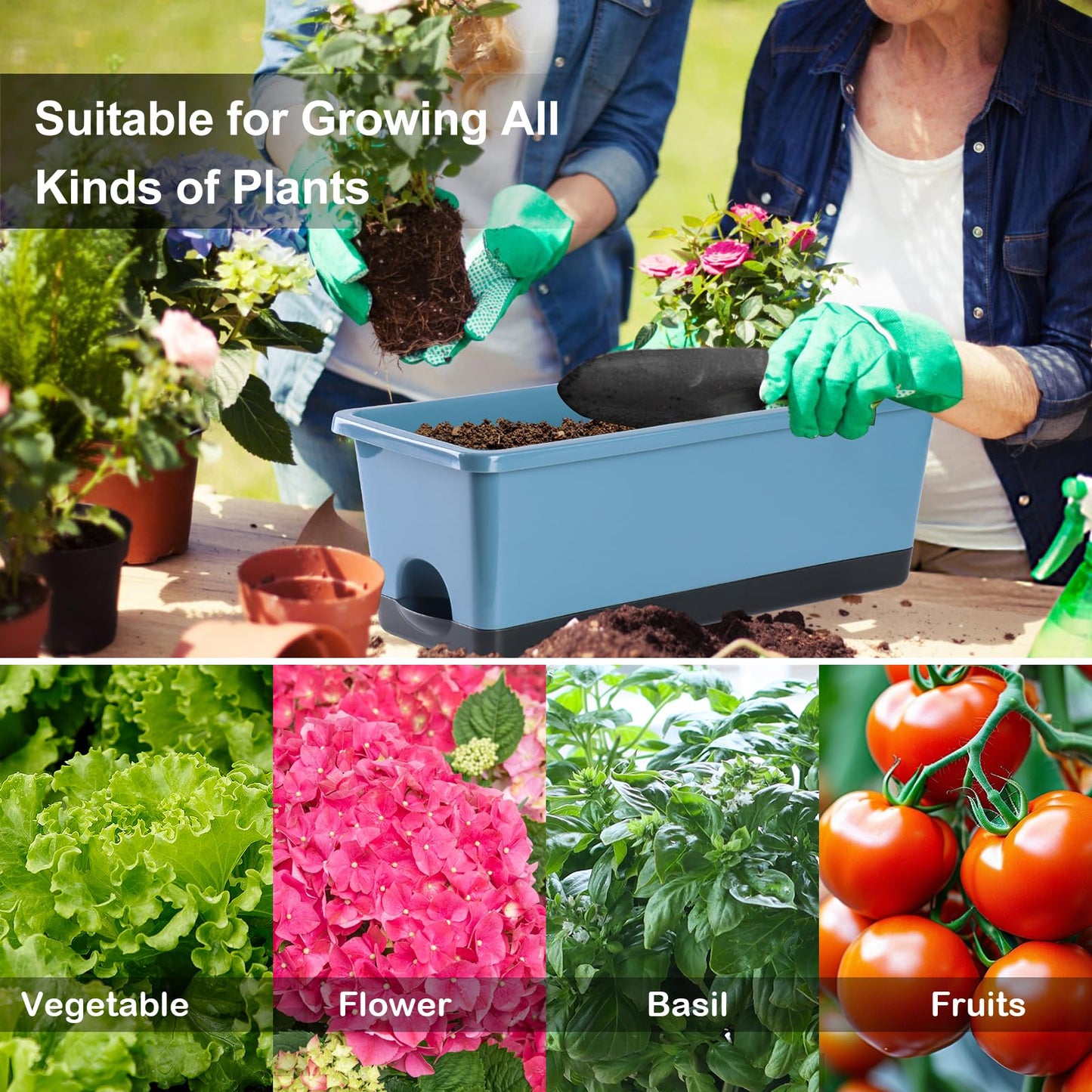 Oliz Window Box Planter 8 Pcs, 17 Inches Rectangle Flower Pots with Drainage Holes and Trays, Vegetable Planters for Windowsill Patio Garden Balcony Home Porch Yard Indoor Outdoor (Blue)