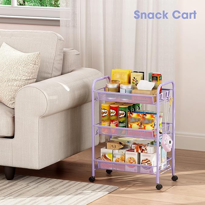 TOOLF 3-Tier Metal Rolling Cart, Mesh Wire Easy Assemble Utility Cart, Storage