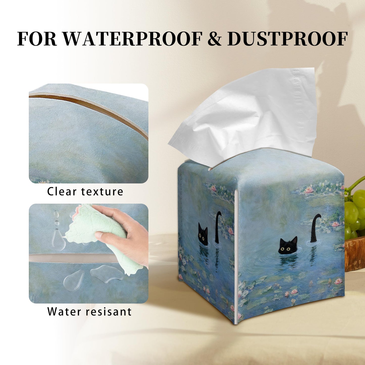 Grace Yonks Art Tissue Box Cover Square - Black Cat in Water Lilies Design 5.2" PU Leather Holder for Vanity, Desk, or Bathroom Counter - Cube Case for Facial Tissues. (123)