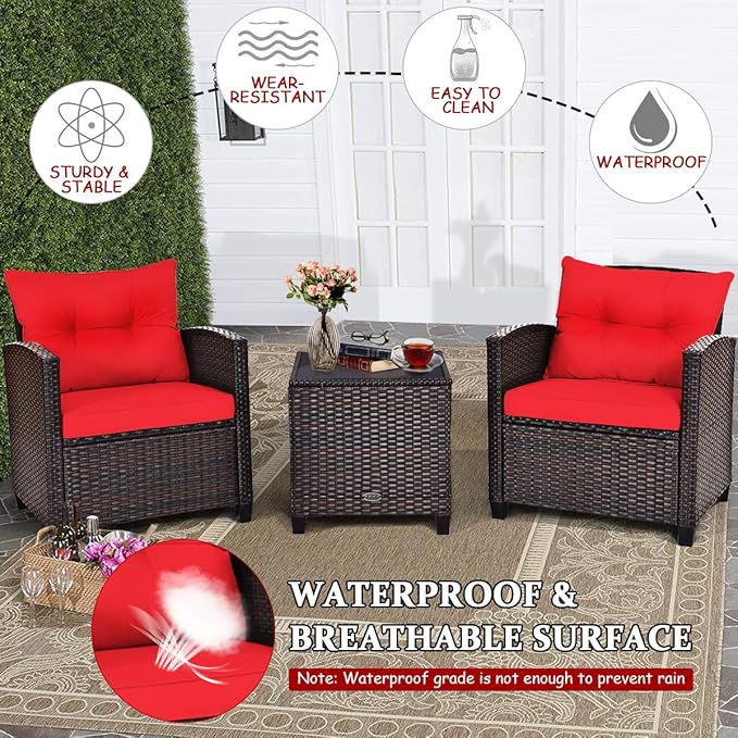 COSTWAY 3PCS Patio Furniture Set, PE Rattan Wicker Sofa w/Washable Cushion and