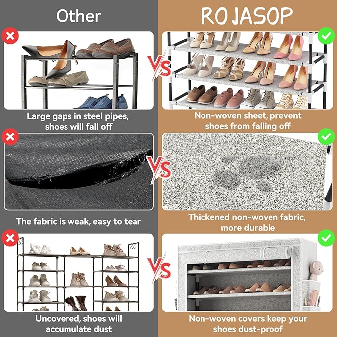 ROJASOP 10 Tier Shoe Rack with Covers Large Capacity Stackable Tall Shoe Shelf