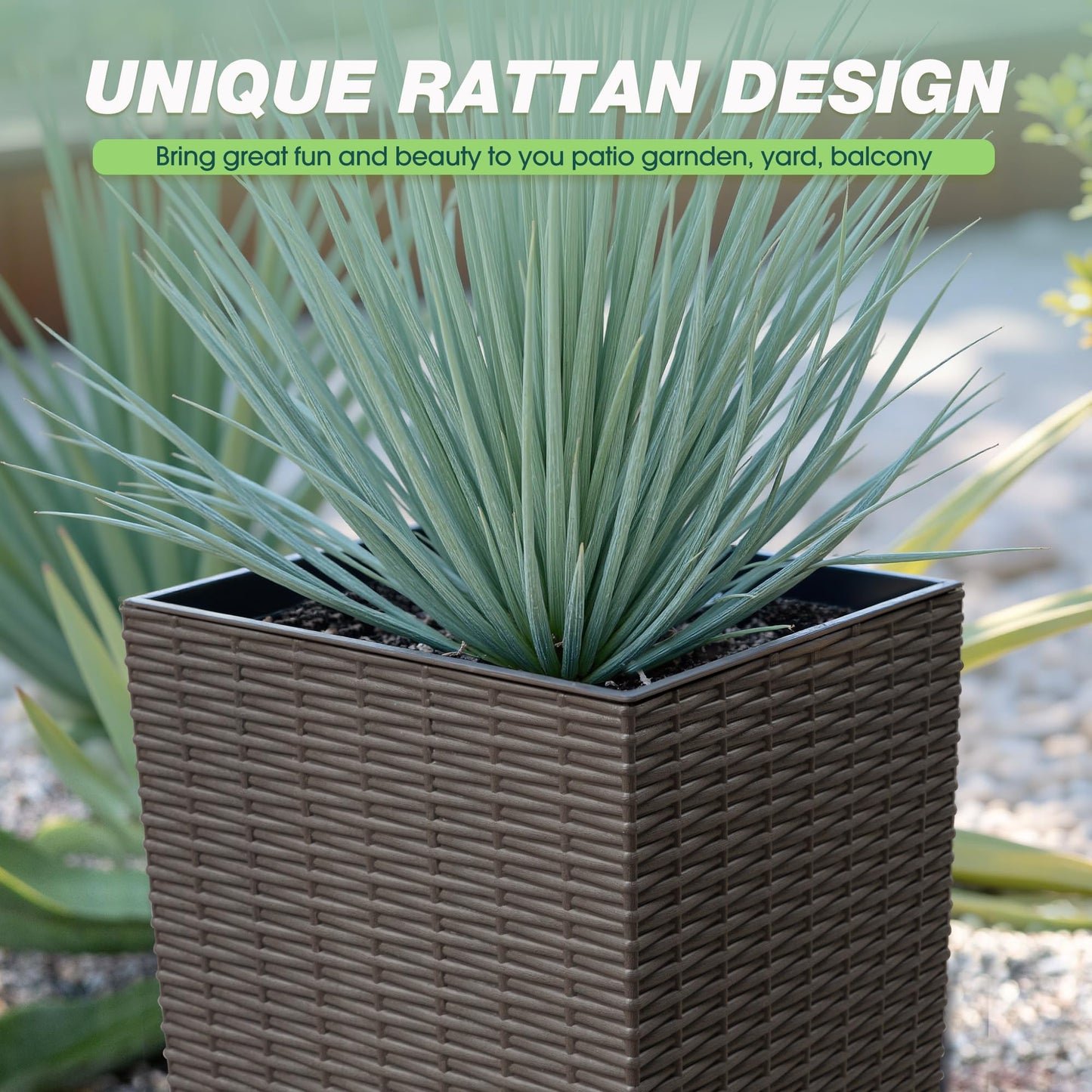 Flamaker Resin Rattan-Design Planters Set of 2, 32'' Tall Flowerpot with Additional Pot for Soil, Durable Weather-Resistant Planter with Drainage Holes for Garden, Patio, Backyard (Brown, Large)