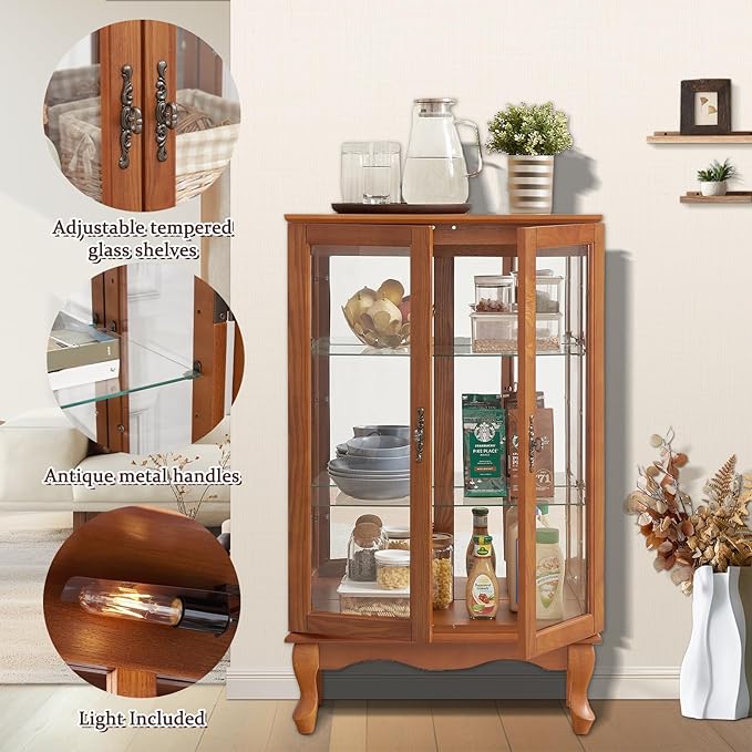 Curio Cabinet With Lighted Tall Leg Glass Door, Antique Display With Mirrored
