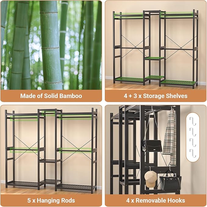 Homykic Bamboo Closet System Clothes Rack, Large Freestanding Garment Rack