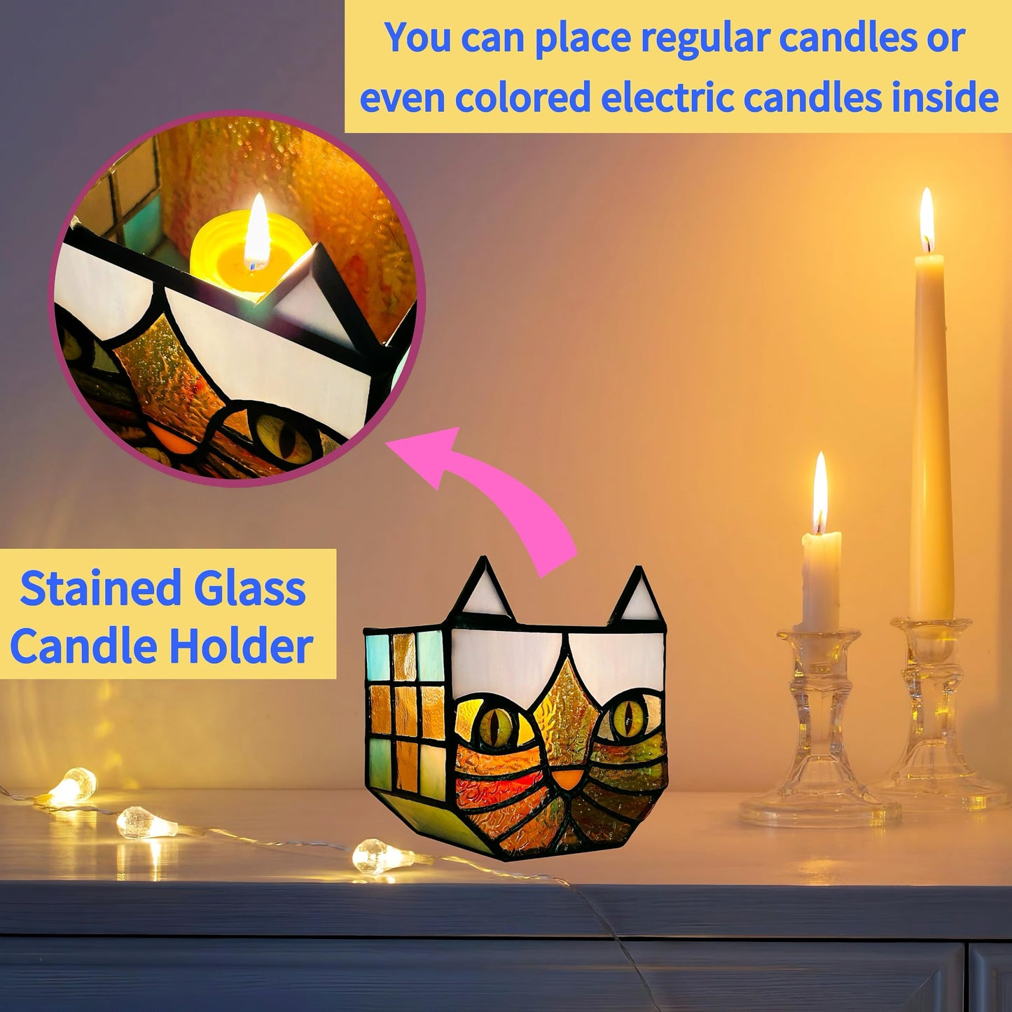 Entlityful Tiffany Style Stained Glass Cat Flower Pots with Drainage,Funny Blue Cat Planter,Cute Garden Pots,Flower Pots for Indoor Plants,Gifts for Plant Lovers,4.6x3x5.15 in