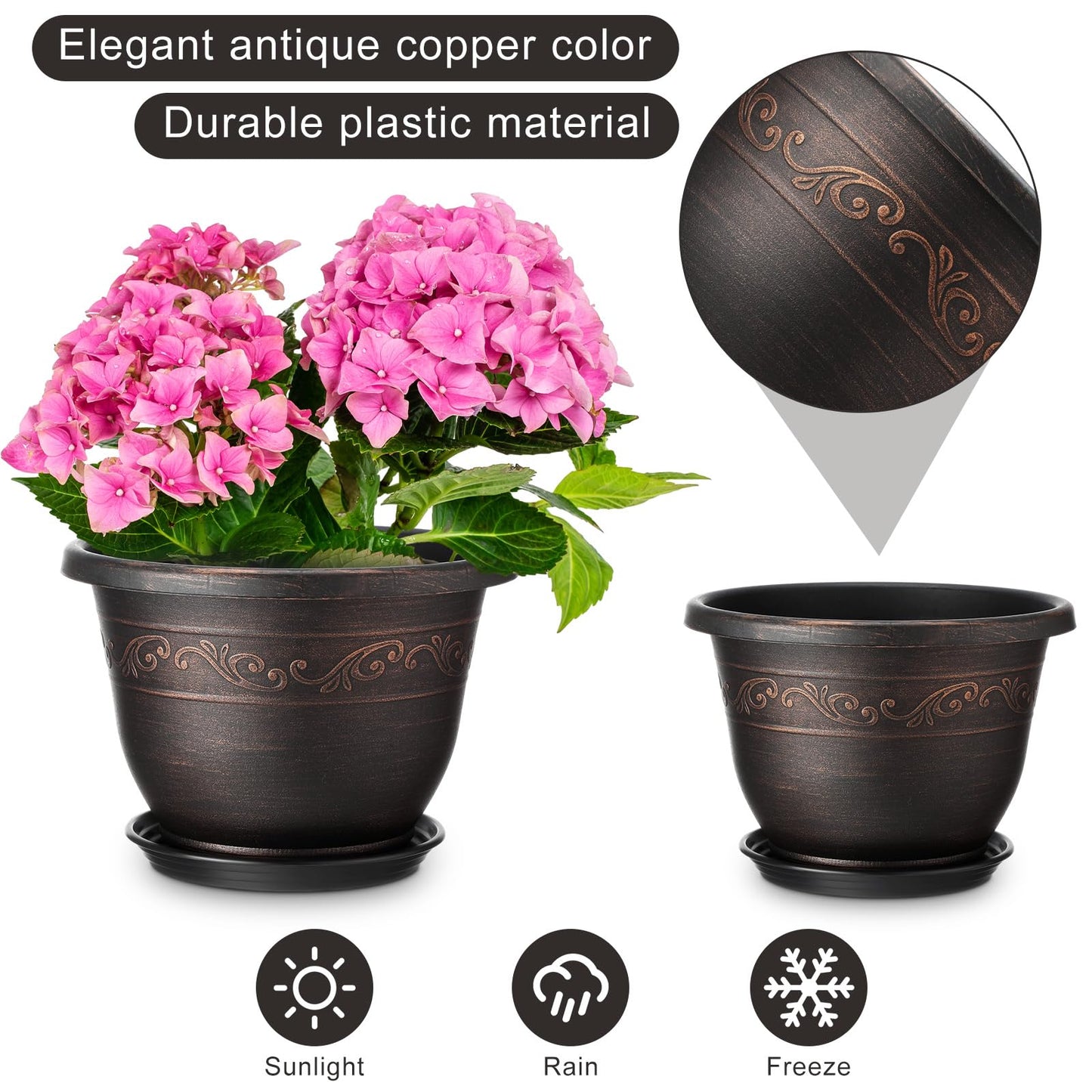 Ziliny 6 Pack 10 Inch Plant Pot Plastic Flower Planters for Indoor Outdoor with Drainage Hole and Trays Lightweight Retro Antique Imitation Decorative Garden Containers Sets with Saucer