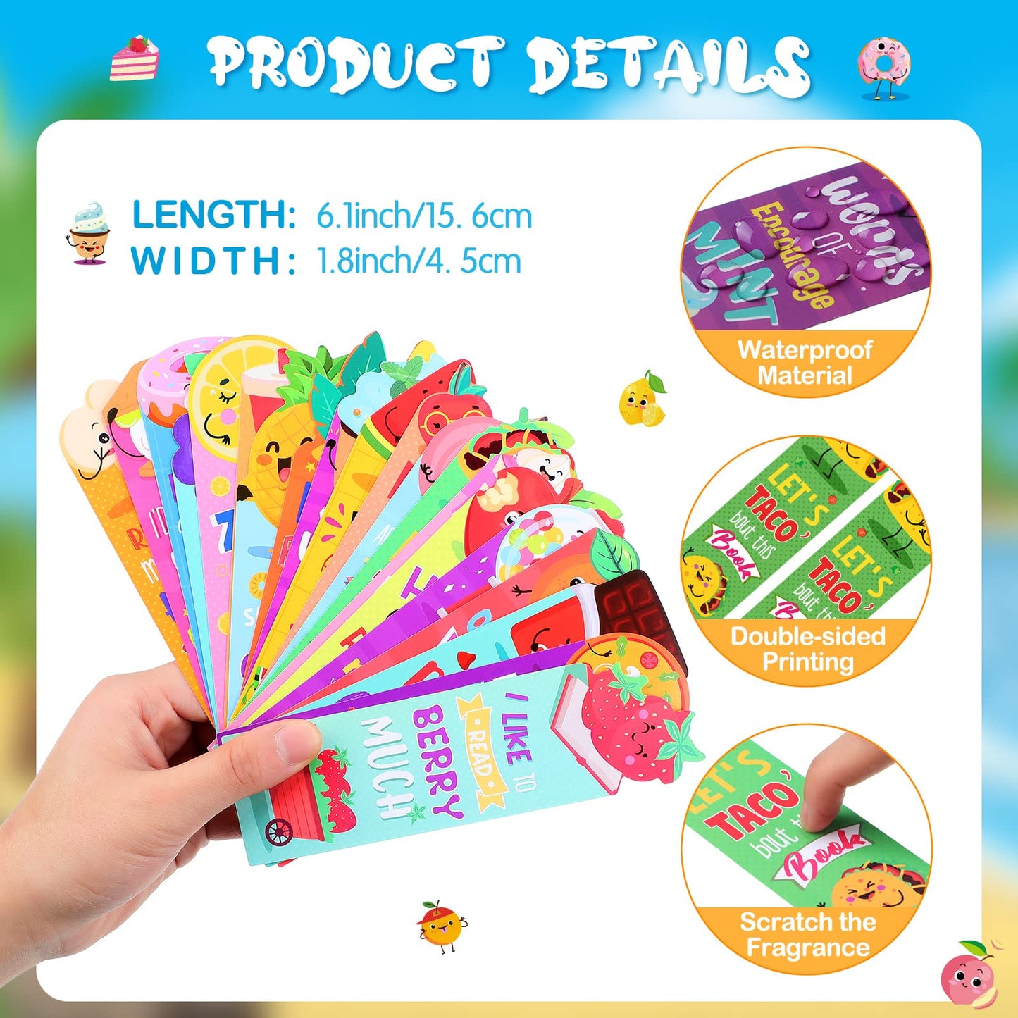Lincia 120 Pcs Scratch and Sniff Scented Bookmarks Bulk Assorted Fruit Food Theme Smelly Bookmarks Gift for Fruit Lover 20 Styles