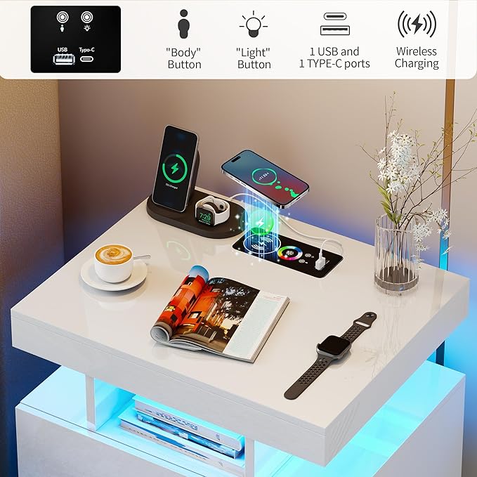 Smart Night Stand with Charging Station, Modern White Nightstand with 24 Color