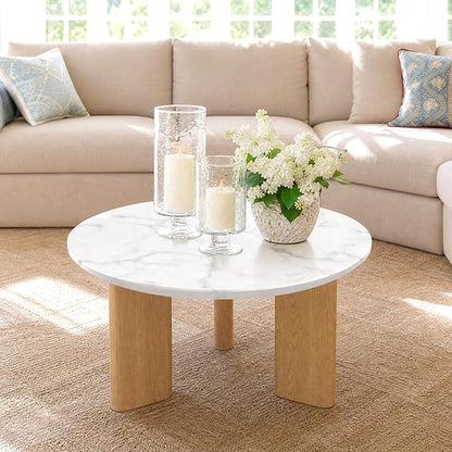 Yechen Nesting Coffee Table Set of 2, Mid Century Modern Coffee Table with Faux Marble Top, Round Tea Table and End Table Set, Minimalist Center Tables for Living Room, Office, or Apartment