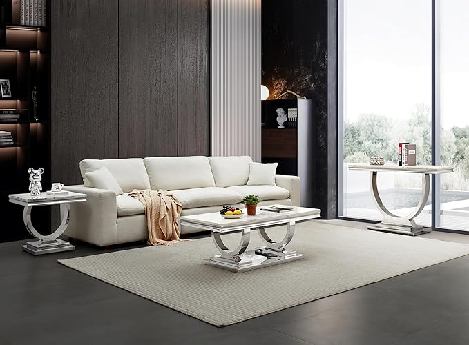 Henf 47" Marble Console Table Modern White Faux Marble Entryway Table