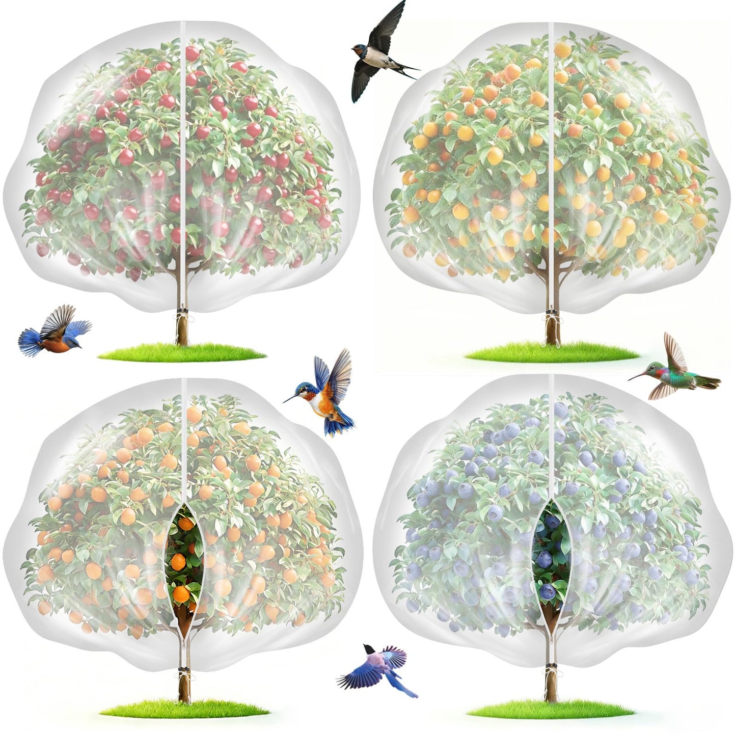 4-Pack 12x10FT Fruit Tree Netting Bags, Bird Netting Safeguard Apple Trees and Blueberry Bushes from Birds, Pest and Deer, Cicadas Netting Cover with Zipper and Drawstring