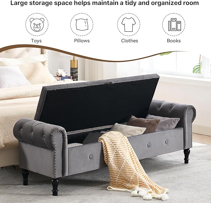 67" Storage Bench for Bedroom, Velvet End of Bed Bench, King Size Bench