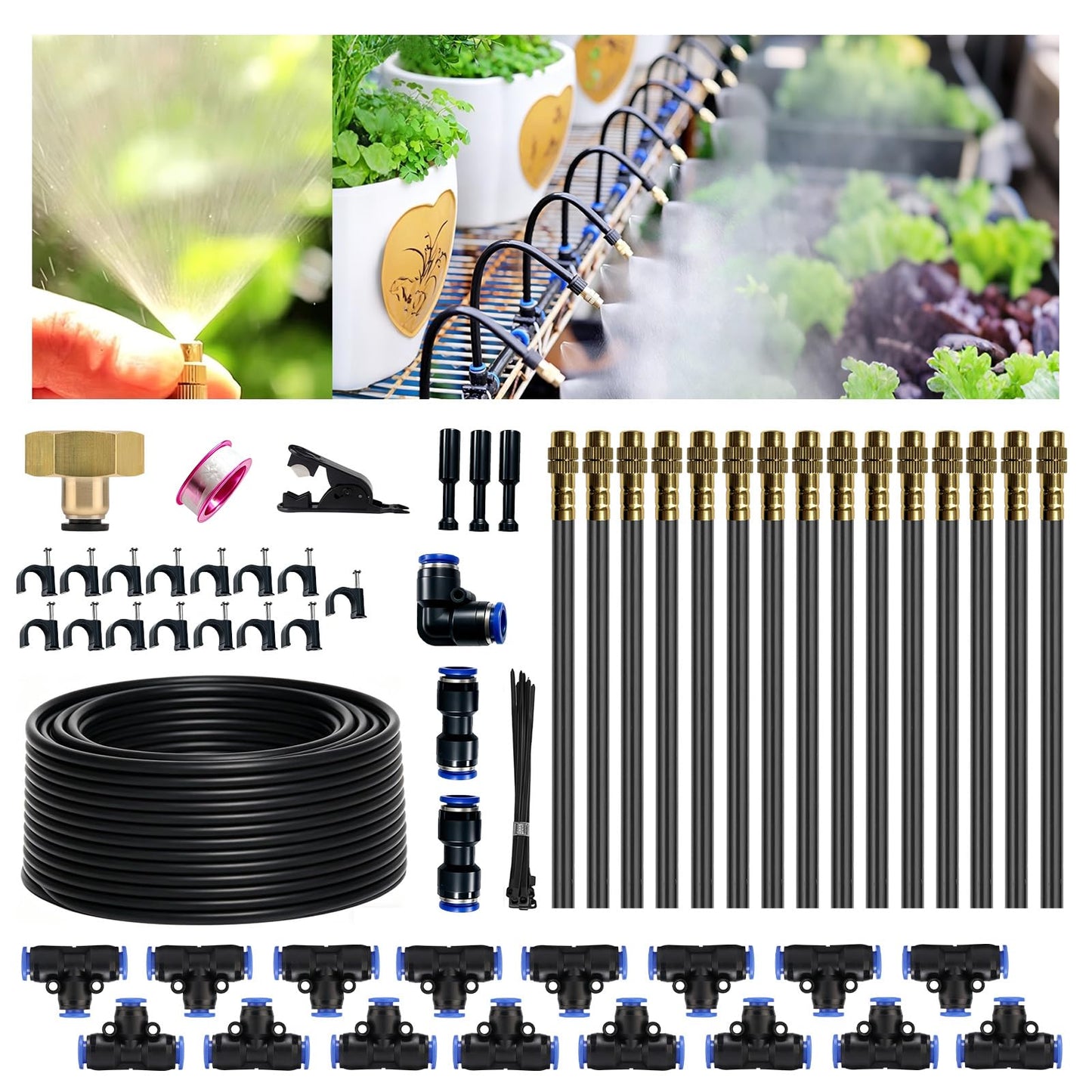 50FT 360° Mist Spray Drip Irrigation System - Garden Watering Kit with 15 Fine Mist Nozzles, Adjustable Atomizing Sprinkler for Greenhouse, Potted Plants, Raised Beds, Yard, 1/4 inch Hose
