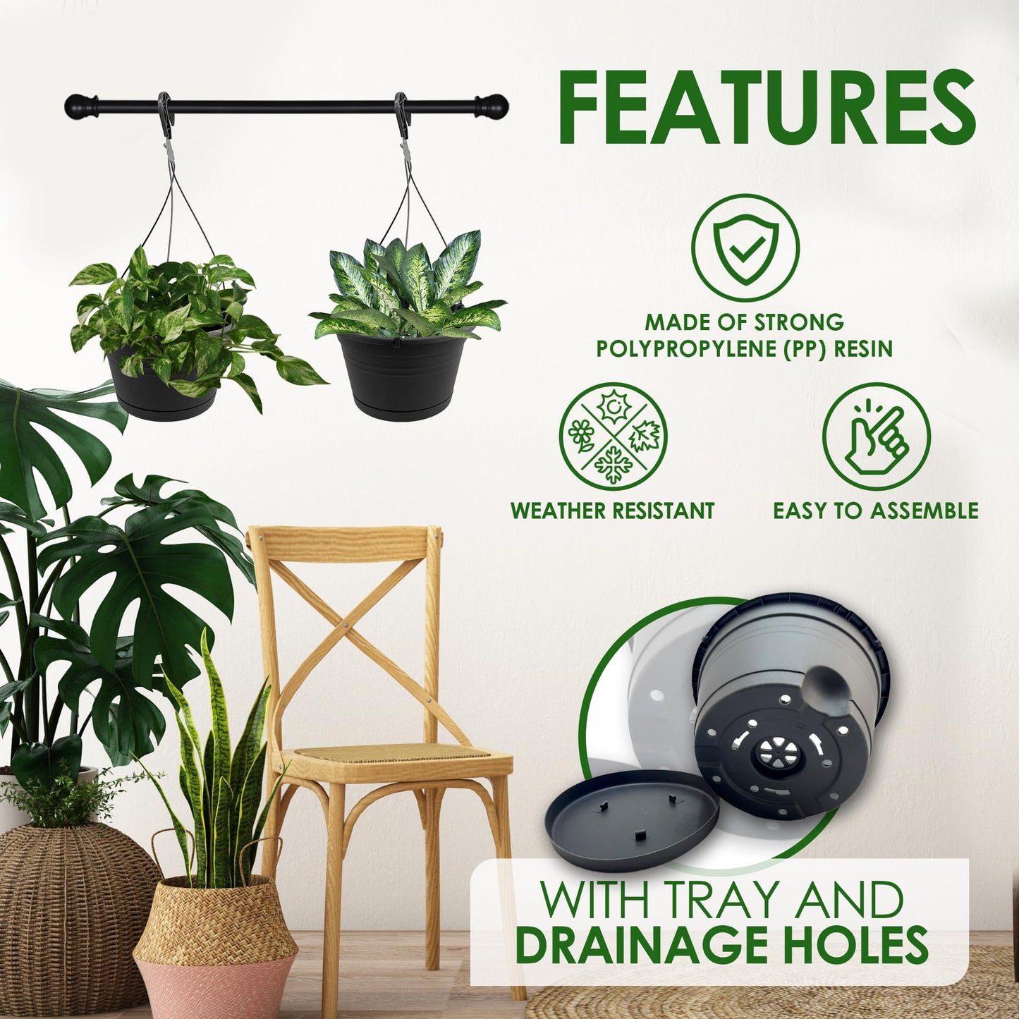 J3A Collections 10in Euro Hanging Planters for Indoor Plants 2 Pieces 10inch Hanging Planter with (2) 40cm Hooks, Self Watering Indoor Outdoor Hanging Pots with Drainage Holes and Removable Drip Tray