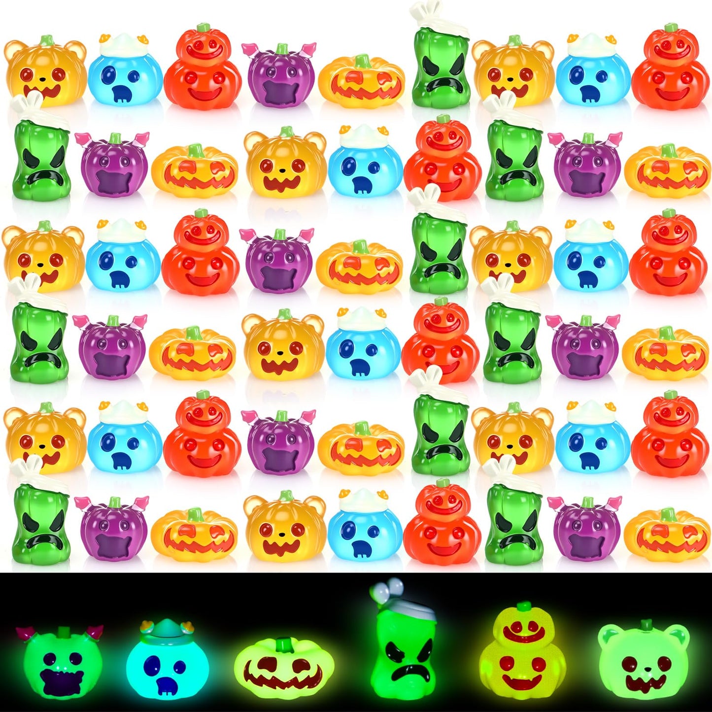 Seenelling 72 Pcs Halloween Mini Pumpkins Ghost Figures Luminous Small Resin Pumpkin Cute Miniature Ghost Ornament Glow in Dark for Halloween Garden Decoration Crafts