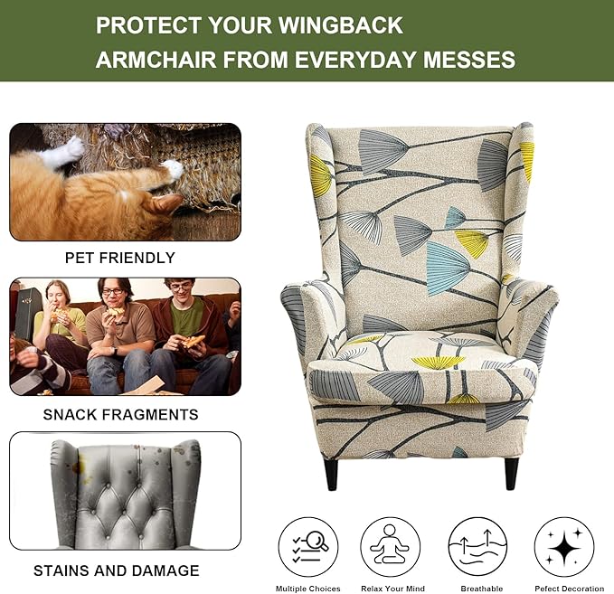 HAOYONG Printed Wingback Chair Covers 2 Pieces Wing Chair Slipcover High