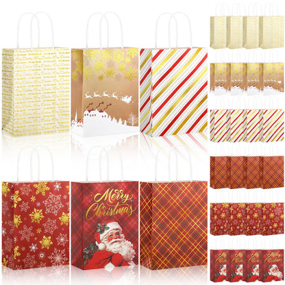 24 Pcs Christmas Gold Foil Gift Bags with Handles, 6 Assorted Xmas Designs, 8.3 x 6 x 3.5'' Holiday Kraft Paper Red and Gold Gift Bags for Christmas New Year Winter Party Favor, Goody Treat Wrapping