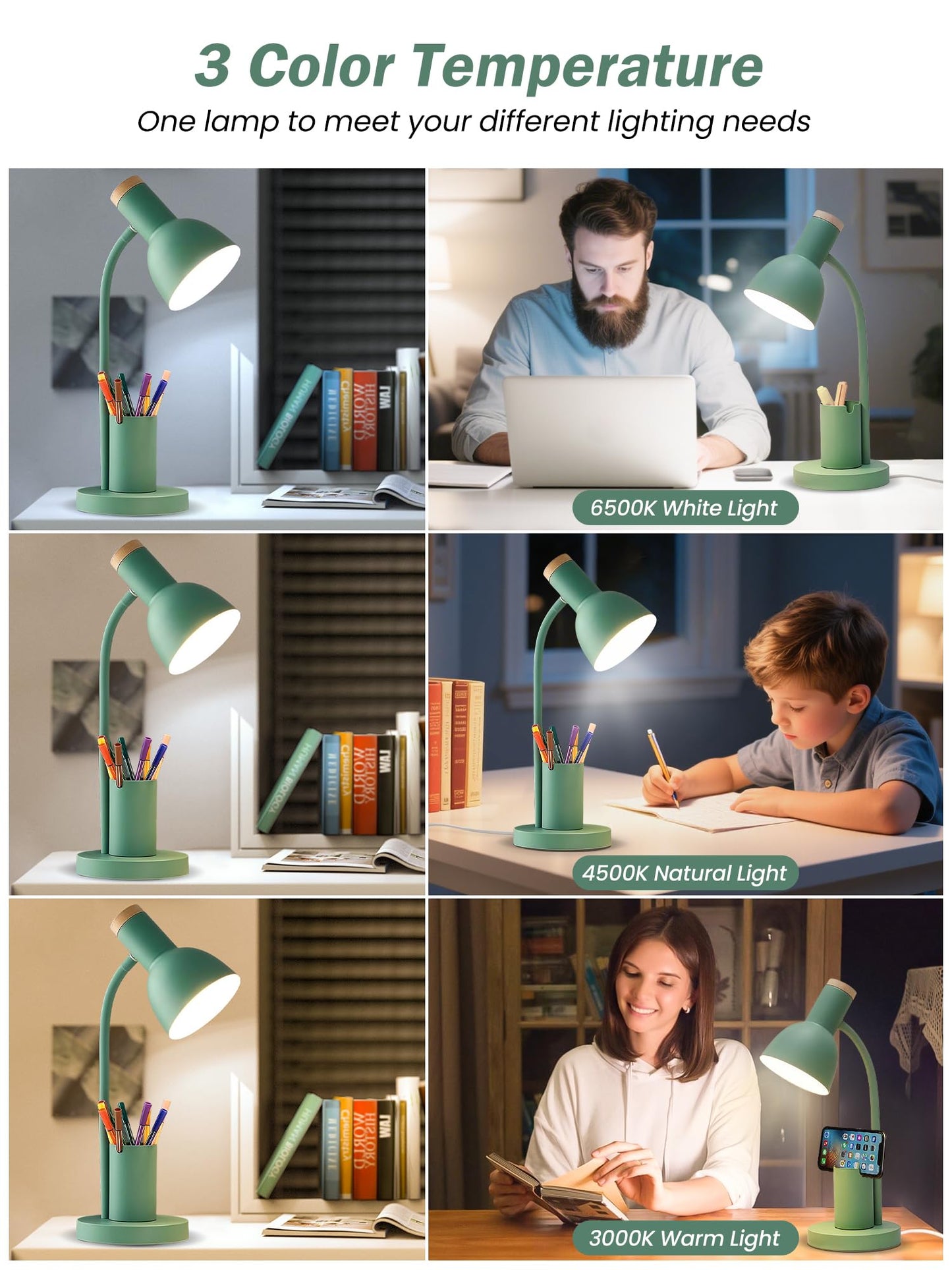 DSYHYL LED Desk Lamp for Home Office, Table Lamp with Pen Holder, 3 Color Modes Reading Light, Eye-Caring Desk Light with Gooseneck, Metal Study Lamp for Dorm Bedside Bedroom (Green Lamp)