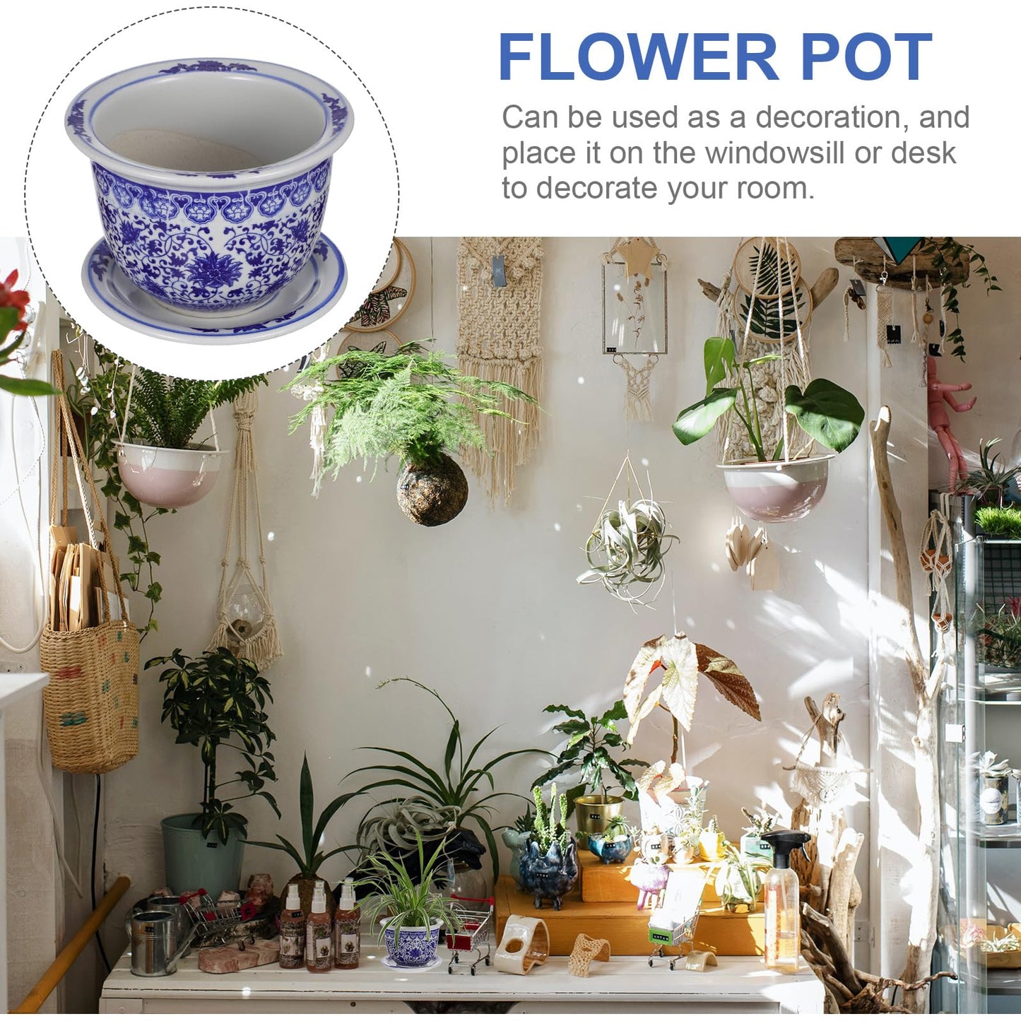 DOITOOL Blue and White Ceramic Planter Pot Chinese Ceramic Flower Pots Oriental Planter Decorative Succulent Plant Pot with Trays for Balcony Yard Home Decoration