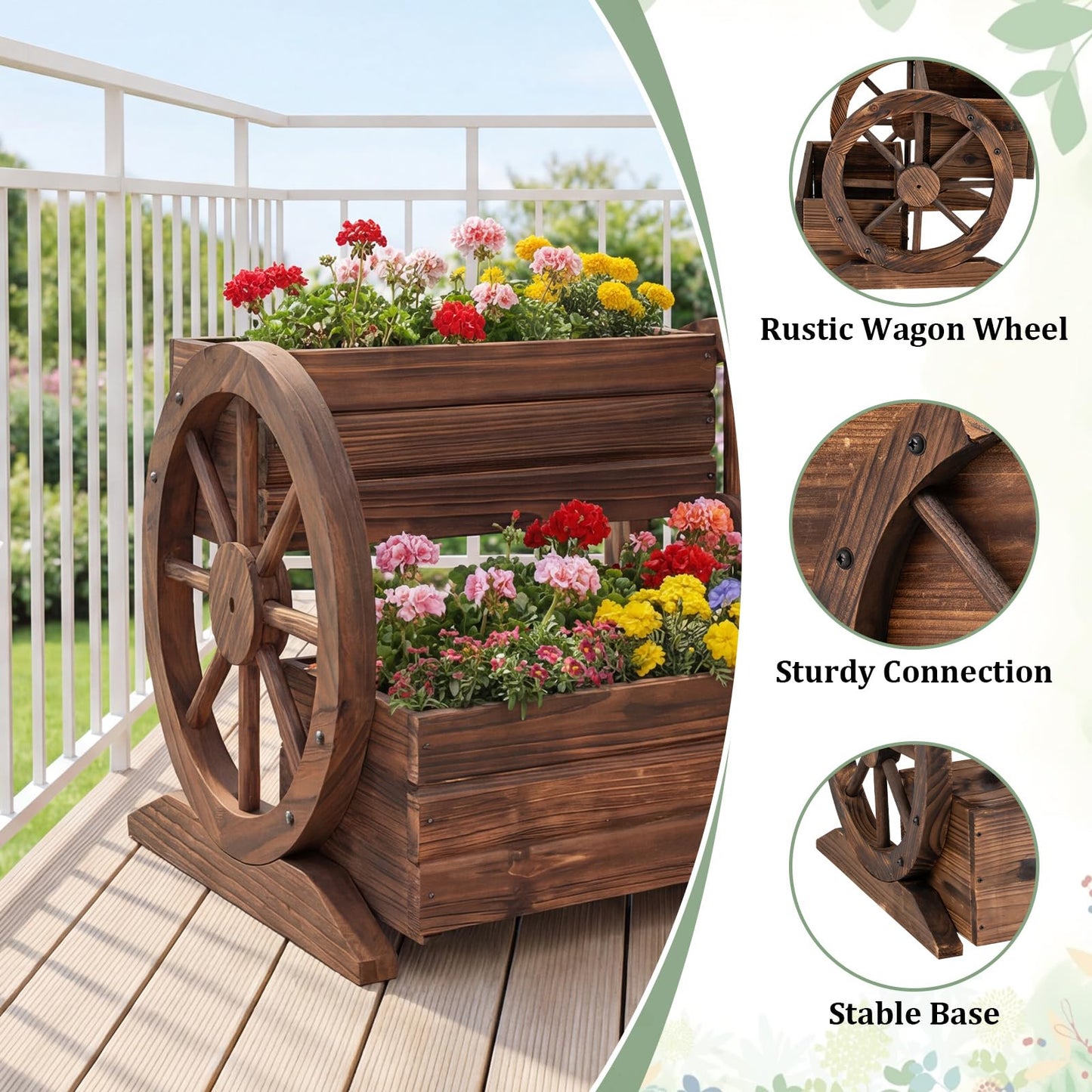 Byroce Wooden Wagon Planter Box, 2-Tier Raised Garden Bed with Drainage Holes for Flowers, Vegetables & Herbs, Indoor Outdoor Decorative Wheel Cart for Patio, Yard & Balcony, Rustic (1)