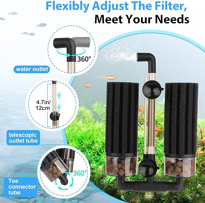 hygger Aquarium Double Sponge Filter: Upgraded Sponge Filter with Larger Filtration Area, Come with Extendable Clip, 2 Spare Biochemical Sponges, Bioceramic Balls, for Freshwater Saltwater Tank - M
