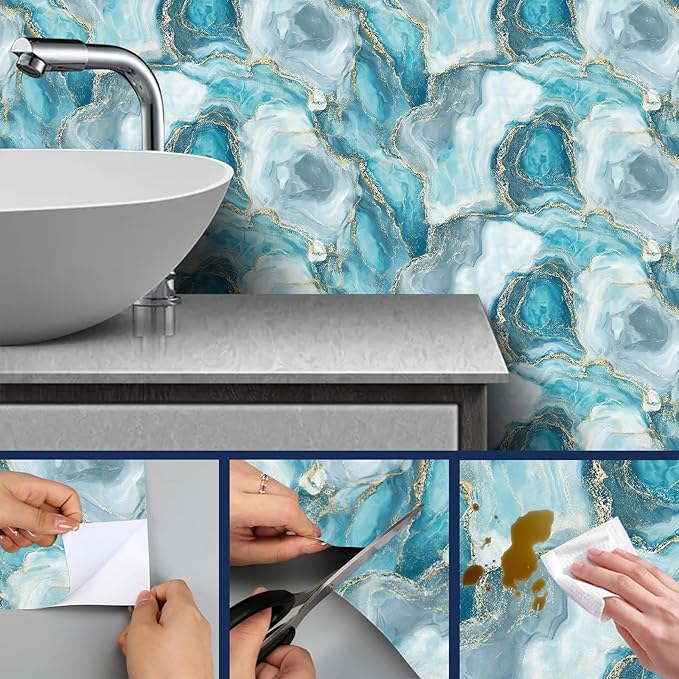 HOMETITUTE Teal Agate Marble Wallpaper Peel and Stick Blue Stone Pattern