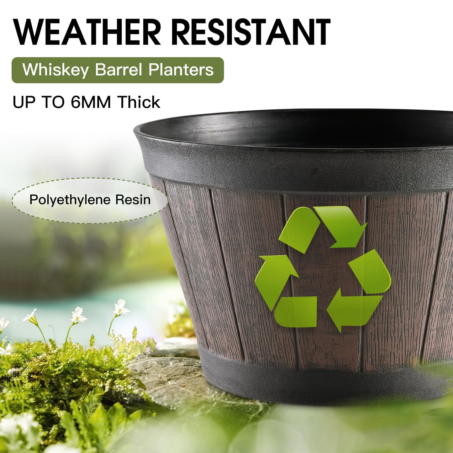 YI Barrel Planters Plant Pot Set of 6 Pack 6 Inch,Durable Plastic Flowerpot Mimics The Design of Wooden Whiskey Barrels,for Indoor & Outdoor Home Plants Essential for Home Gardening.