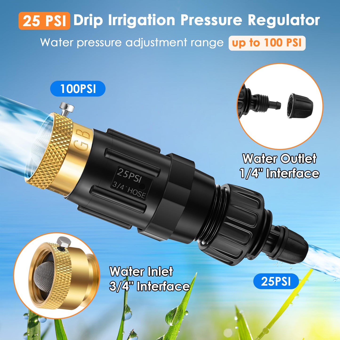 Gulfmew Drip Irrigation Faucet Adapter 25 PSI, 1/4" Tubing Quick Connect to 3/4" Garden Hose with Backflow Preventer, Filter, Plumbers Tape, Pressure Regulator, Copper Drip Irrigation System Fittings