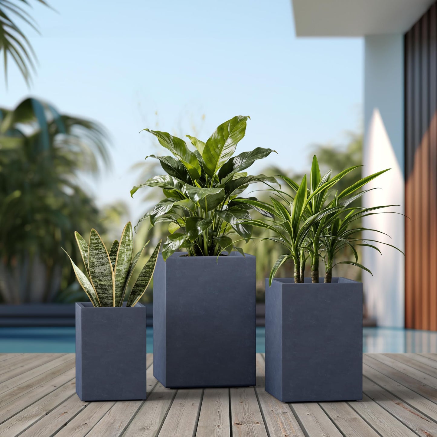 Kante 18.5",15.7",12.6" H Tall Rectangular Concrete Planters Set of 3, Outdoor Indoor Lightweight Plant Pots with Drainage Hole and Rubber Plug, Modern Style for Home Garden Patio, Charcoal