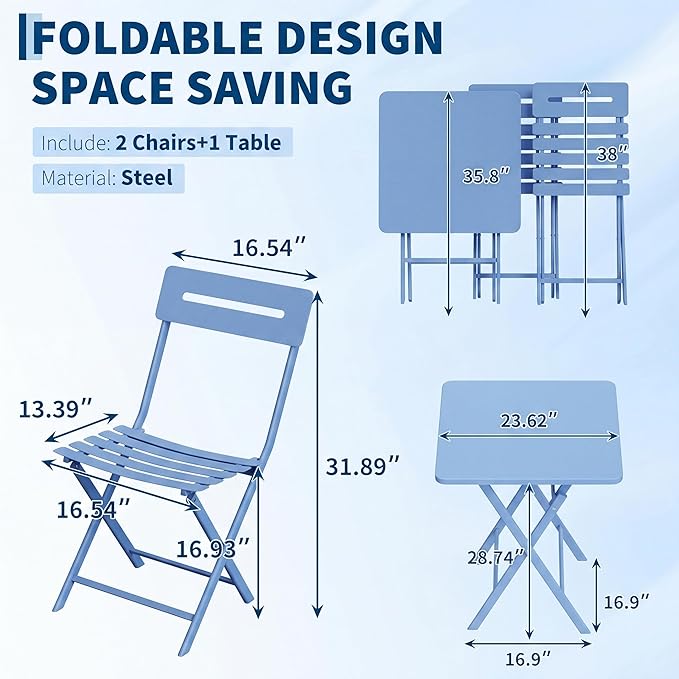 GarveeTech 3-Piece Folding Bistro Set, Heavy Duty Outdoor Patio Furniture