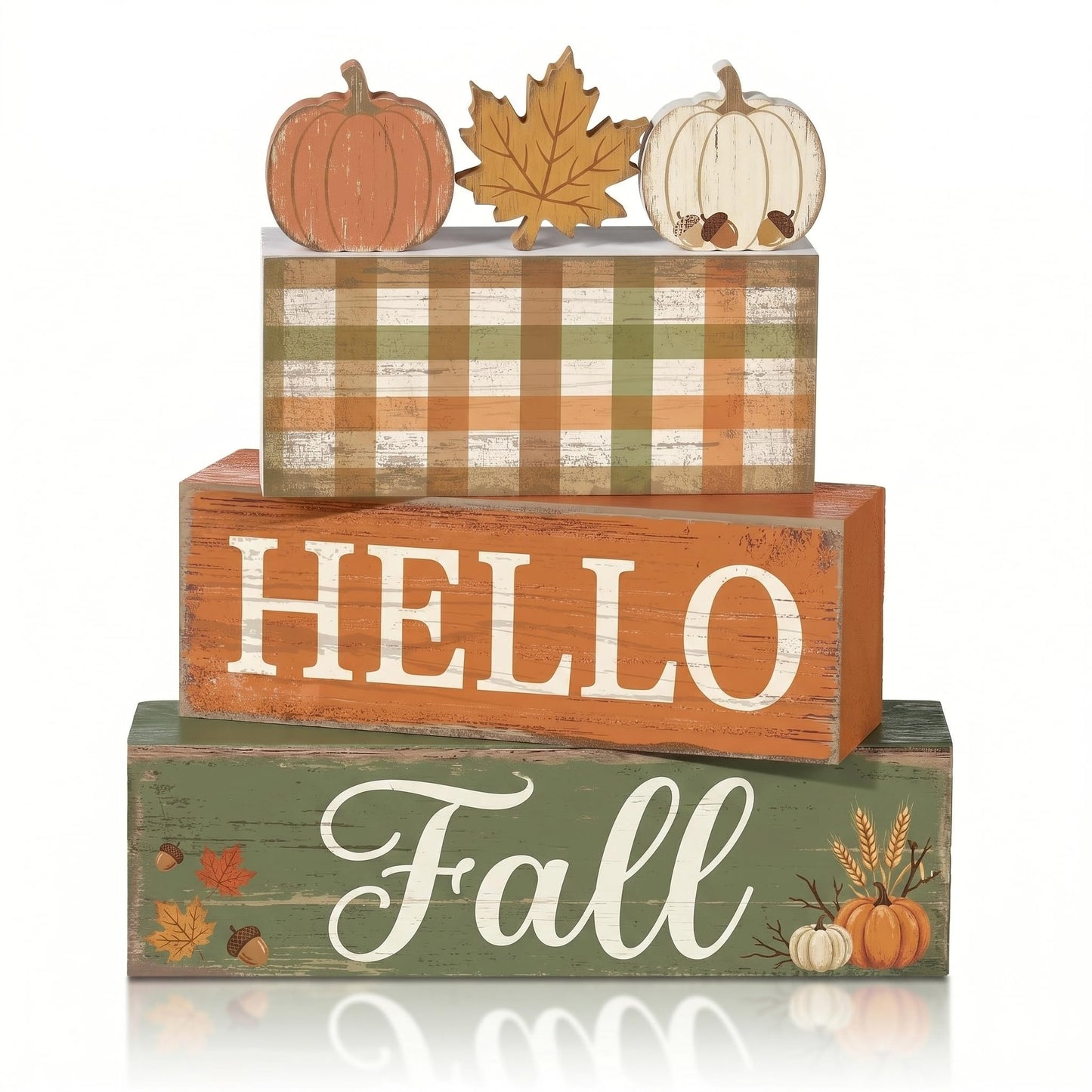 4 Pcs Fall Table Decorations, Hello Fall Tiered Tray Decor, Farmhouse Wooden Block Signs with Pumpkin & Maple Leaf, Rustic Buffalo Plaid Thanksgiving Tabletop Centerpiece for Home Kitchen Shelf