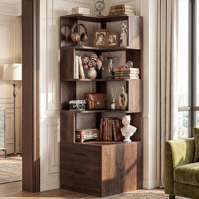 Armocity Corner Bookshelf with Drawers, 7 Tier Corner Book Shelf Display